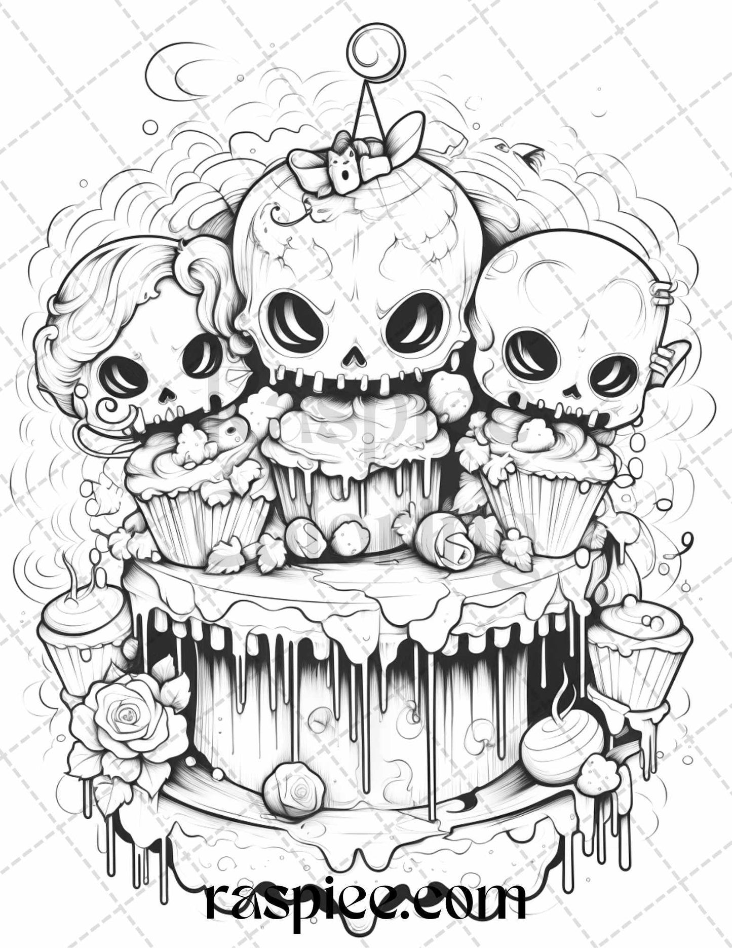 40 Halloween Creepy Kawaii Grayscale Coloring Pages for Adults and Kids, Printable PDF File Instant Download