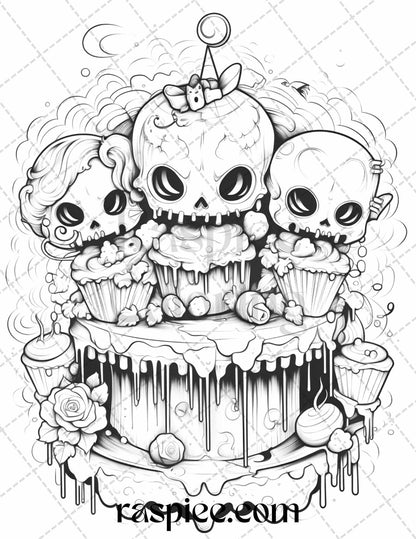 40 Halloween Creepy Kawaii Grayscale Coloring Pages for Adults and Kids, Printable PDF File Instant Download