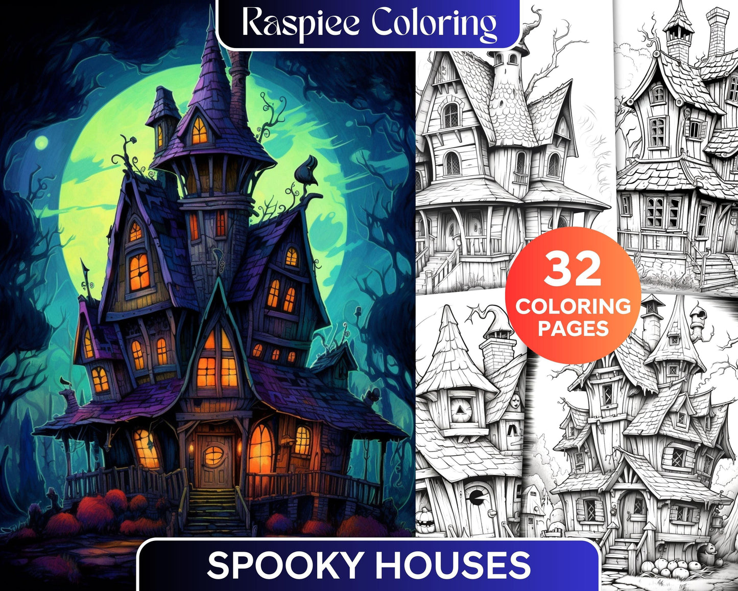 32 Spooky Houses Coloring Pages Printable for Adults, Grayscale Coloring Page, PDF File Instant Download