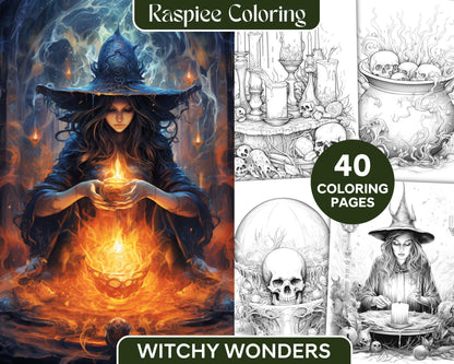 40 Witchy Wonders Grayscale Coloring Pages Printable for Adults, PDF File Instant Download