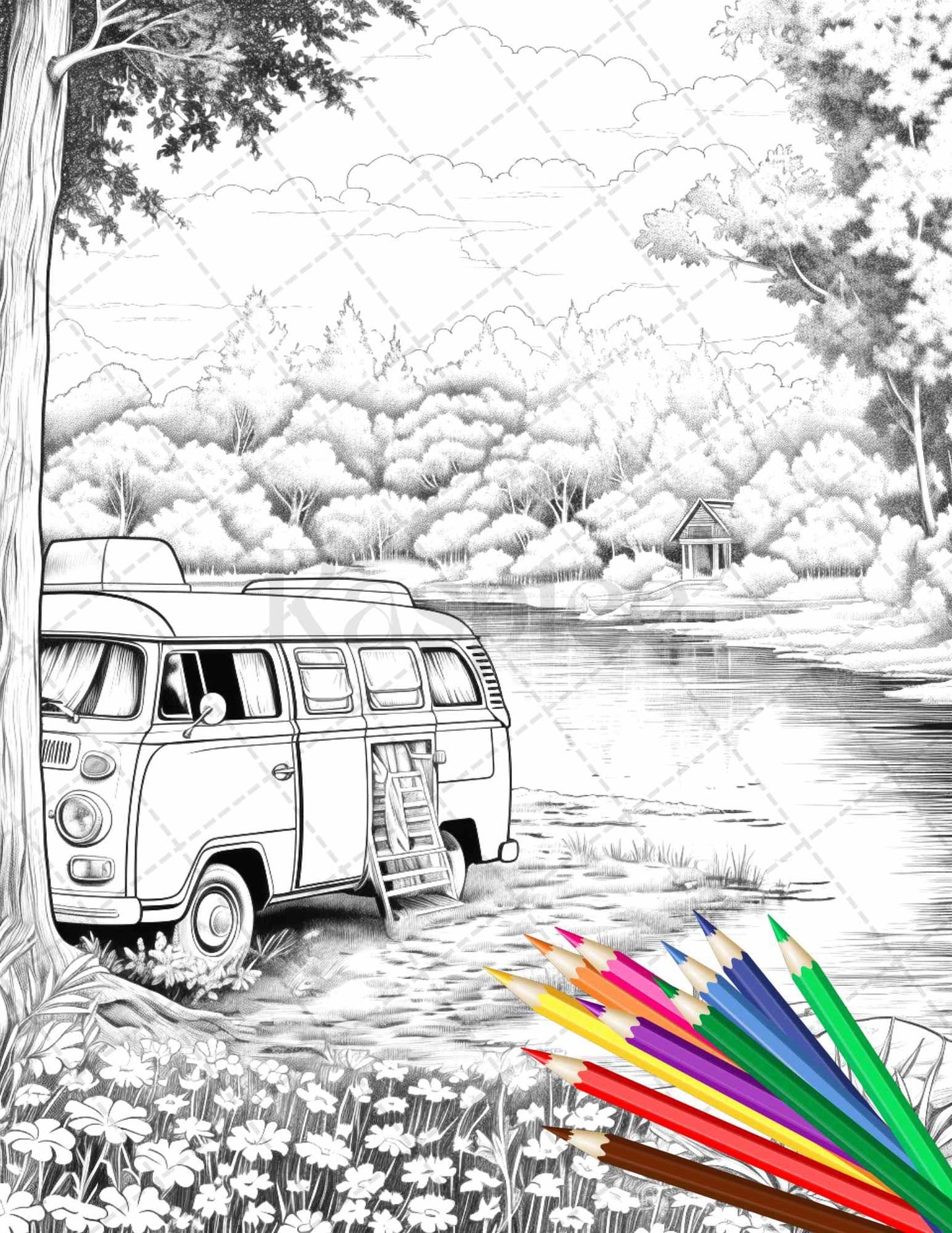 30 Campervan Adventure Grayscale Coloring Pages Printable for Adults, PDF File Instant Download