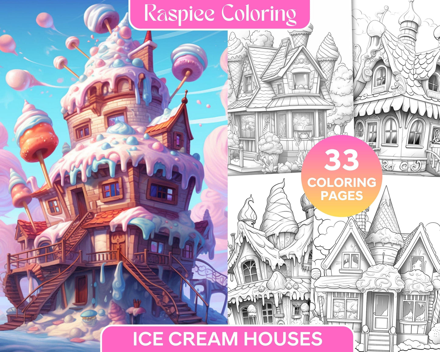 33 Ice Cream Houses Grayscale Coloring Pages Printable for Adults and Kids, PDF File Instant Download