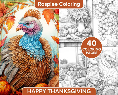 40 Happy Thanksgiving Grayscale Coloring Pages for Adults, Printable PDF Instant Download