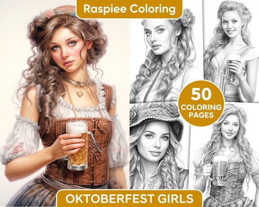 50 Oktoberfest Girls Grayscale Coloring Pages for Adults, Printable PDF Instant Download