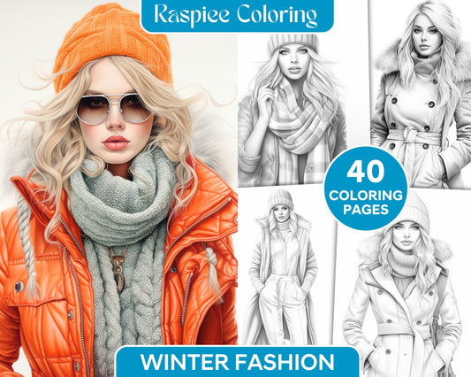 40 Winter Fashion Grayscale Coloring Pages Printable for Adults, PDF File Instant Download