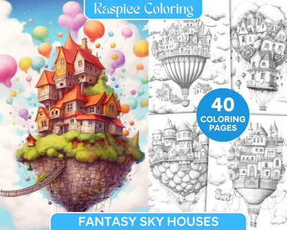 40 Fantasy Sky Houses Grayscale Coloring Pages Printable for Adults, PDF File Instant Download