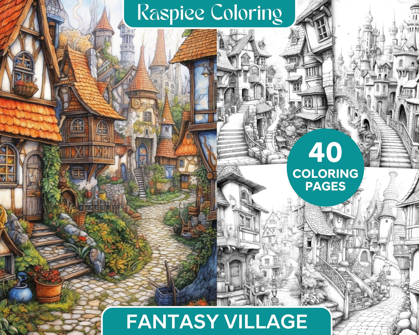 40 Fantasy Village Grayscale Coloring Pages Printable for Adults, PDF File Instant Download