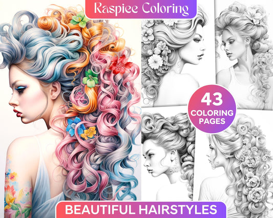 43 Beautiful Hairstyles Grayscale Coloring Pages Printable for Adults, PDF File Instant Download