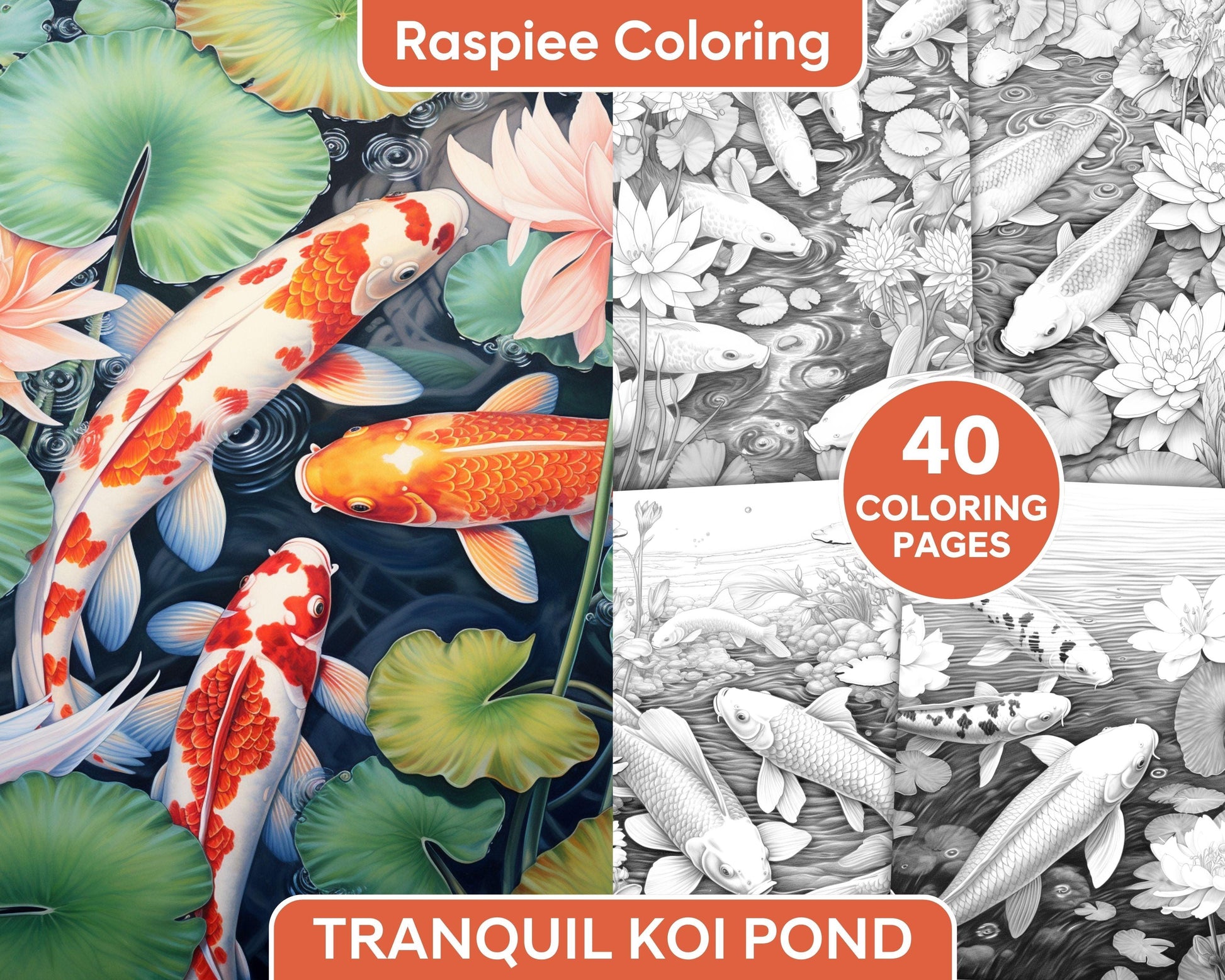 40 Tranquil Koi Pond Grayscale Adult Coloring Pages, Printable PDF Instant Download