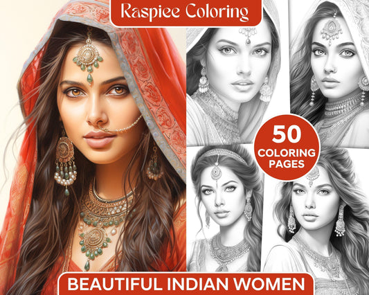 50 Beautiful Indian Women Grayscale Coloring Pages for Adults, Printable PDF File Instant Download