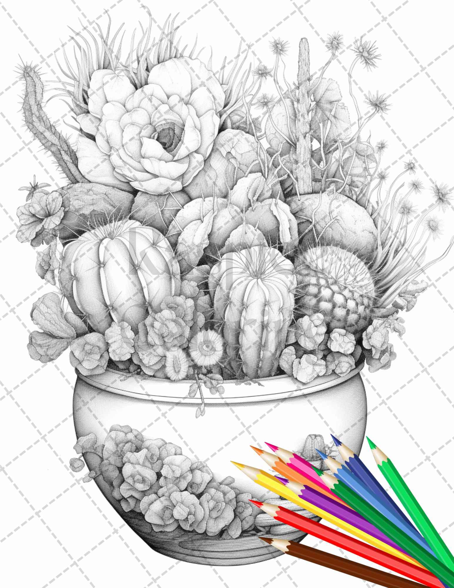 40 Charming Cactus Pots Grayscale Coloring Pages Printable for Adults, PDF File Instant Download