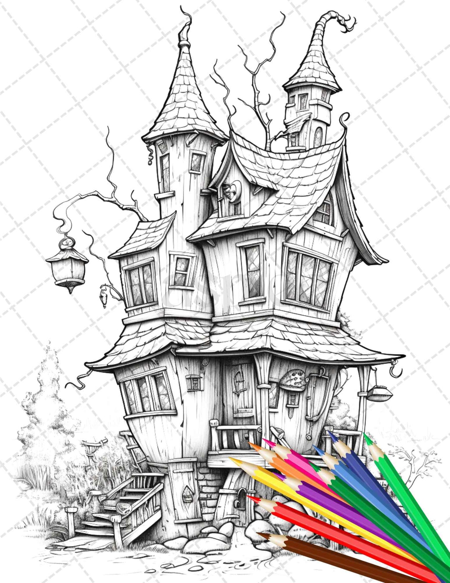 32 Spooky Houses Coloring Pages Printable for Adults, Grayscale Coloring Page, PDF File Instant Download