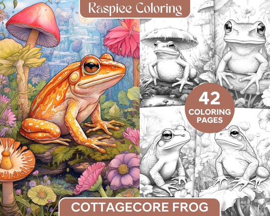 42 Cottagecore Frog Grayscale Coloring Pages Printable for Adults, PDF File Instant Download