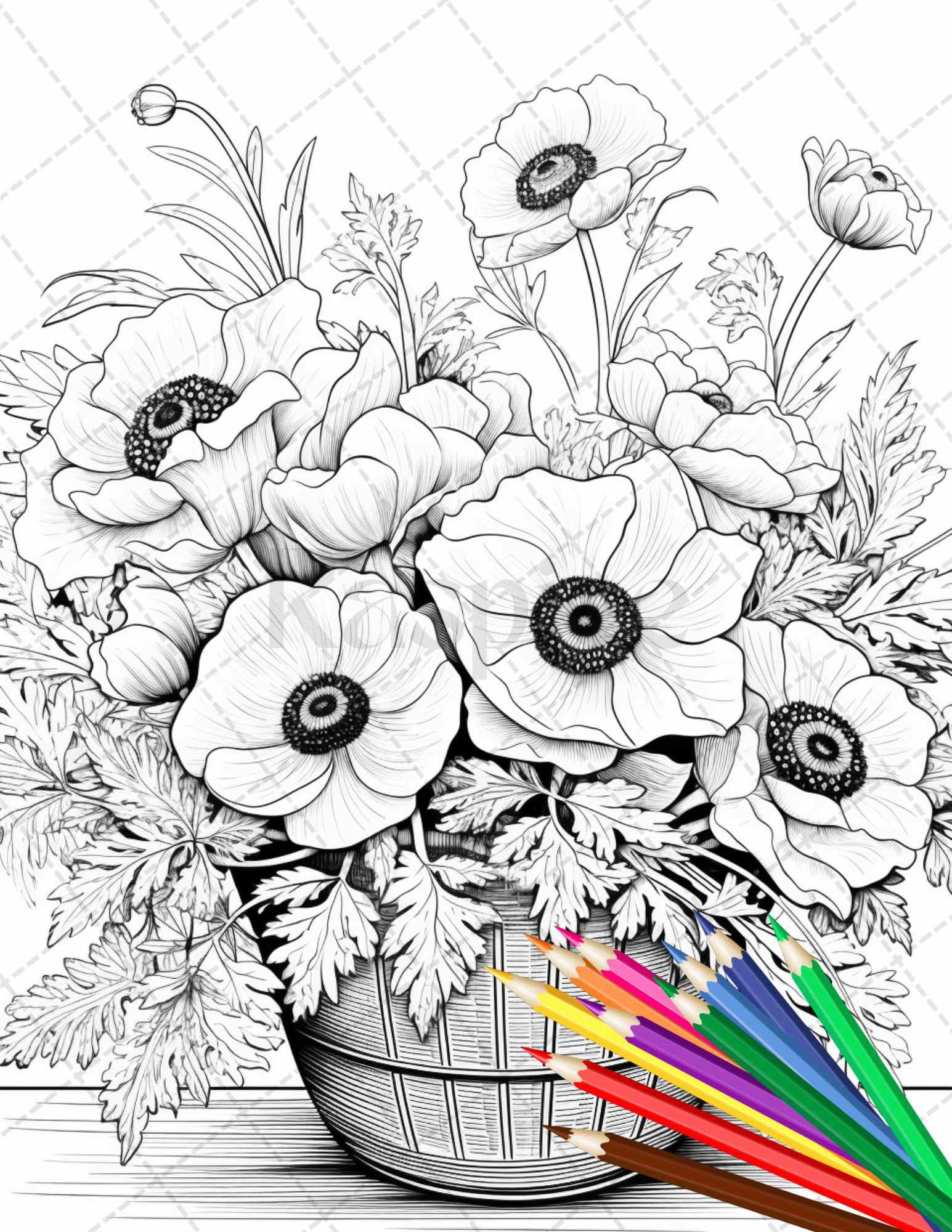 30 Flower Baskets Grayscale Coloring Pages for Adults, PDF File Instant Download