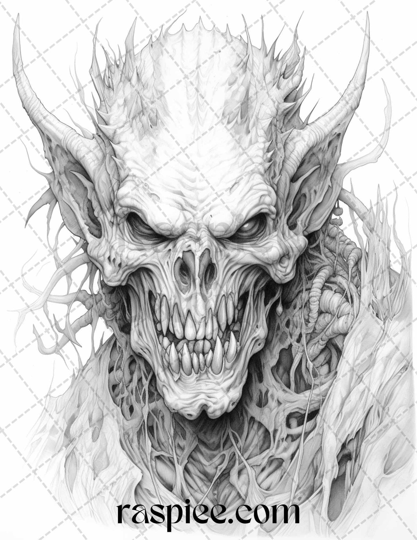 43 Fantasy Demons Grayscale Coloring Pages for Adults, Printable PDF File Instant Download