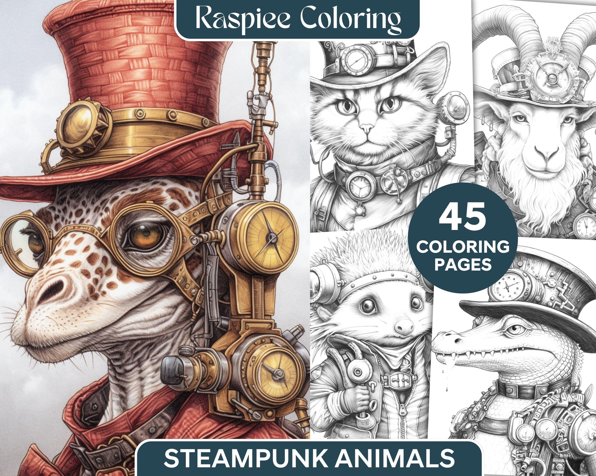 45 Steampunk Animals Grayscale Coloring Pages Printable for Adults Vol. 2, PDF File Instant Download