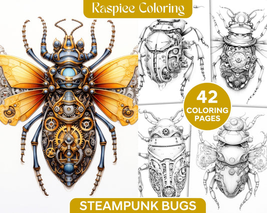 42 Steampunk Bugs Grayscale Coloring Pages Printable for Adults, PDF File Instant Download