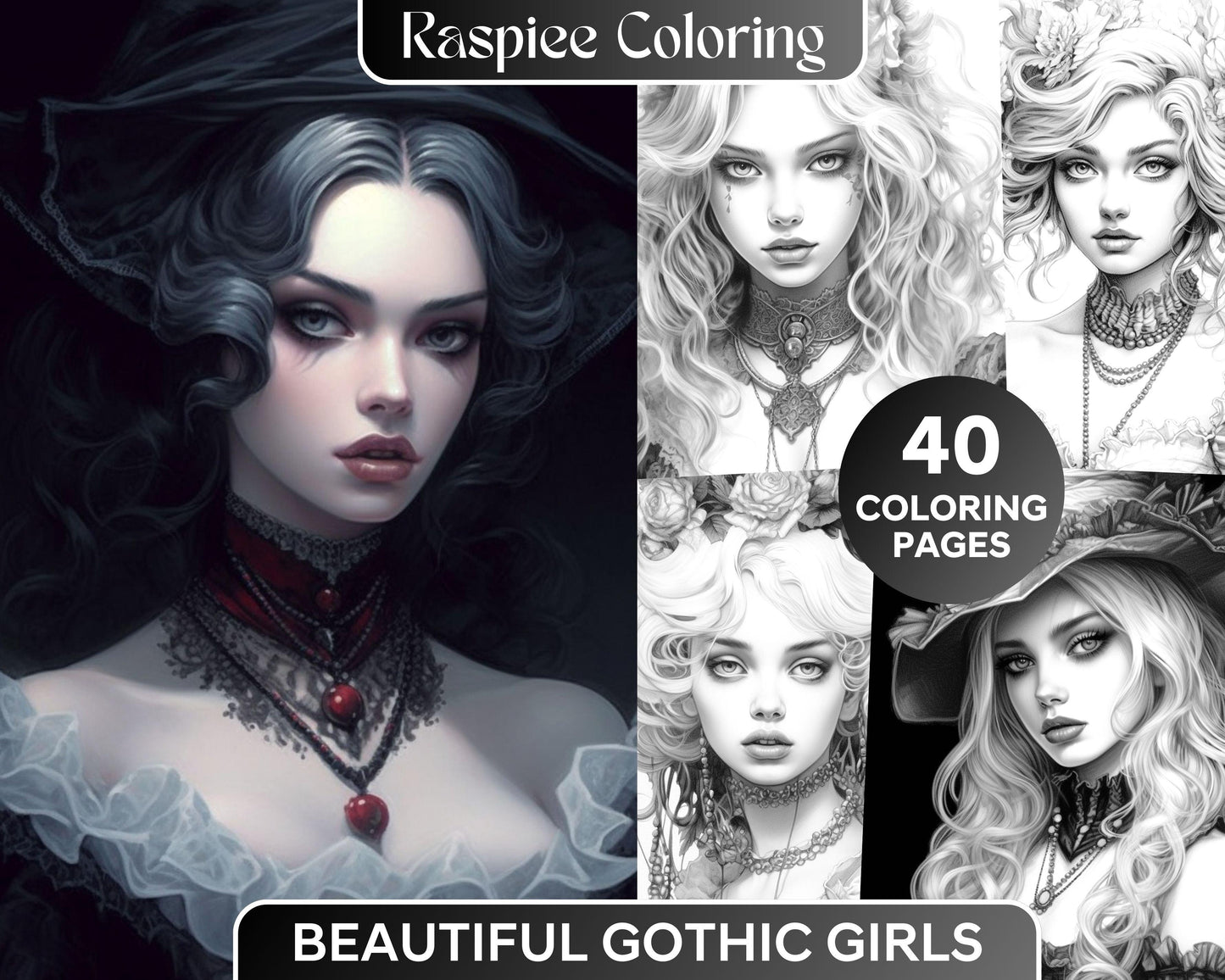 40 Beautiful Gothic Girls Grayscale Coloring Pages Printable for Adults, PDF File Instant Download