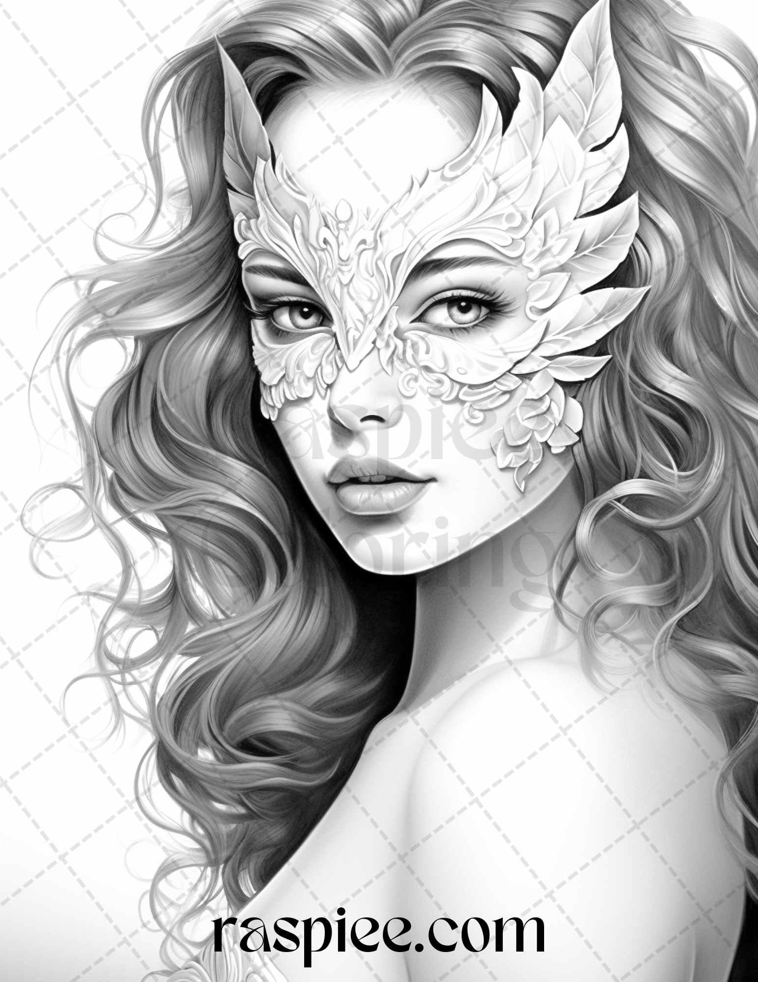 40 Masquerade Girls Grayscale Coloring Pages Printable for Adults, PDF File Instant Download