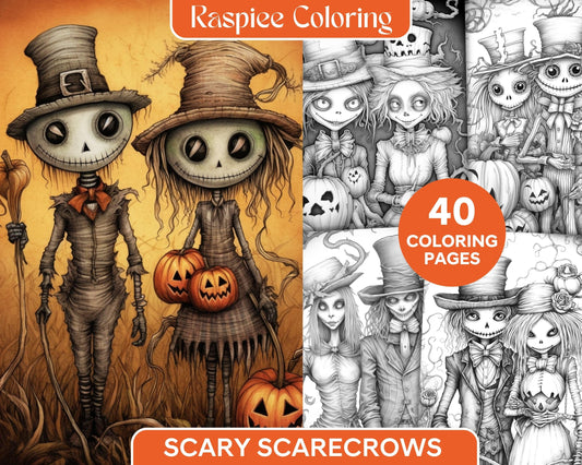 40 Scary Scarecrows Grayscale Coloring Pages Printable for Adults, Halloween Horror Coloring Book, PDF File Instant Download