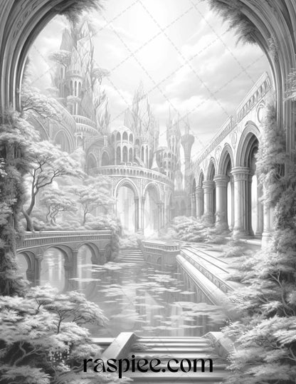 40 Fantasy Landscapes Grayscale Coloring Pages Printable for Adults, PDF File Instant Download