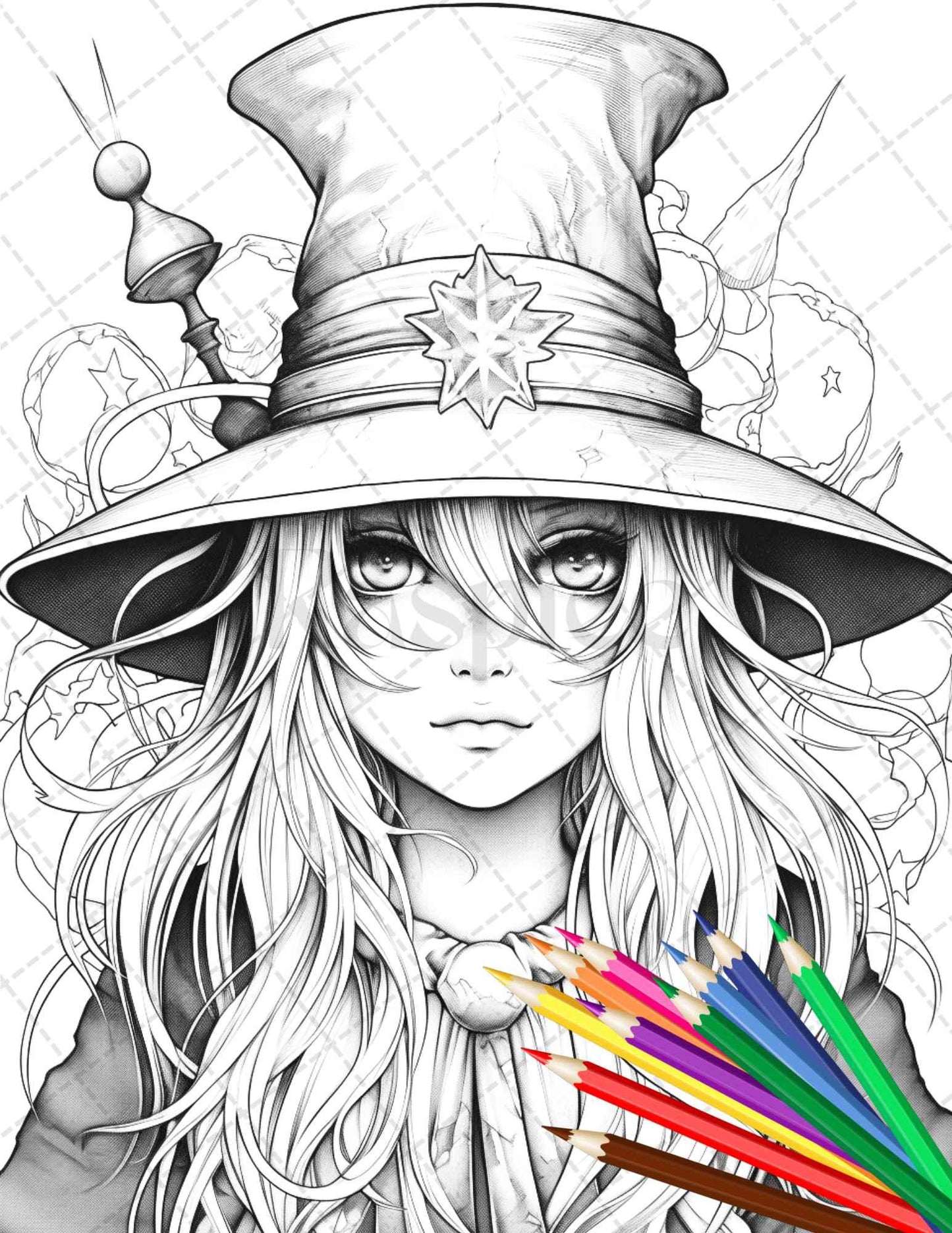 40 Cute Witches Coloring Pages Printable for Adults, Grayscale Coloring Page, PDF File Instant Download