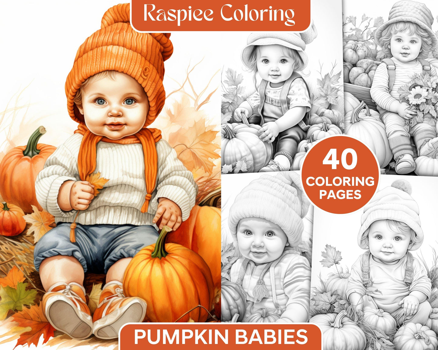 40 Pumpkin Babies Grayscale Coloring Pages for Adults and Kids, Printable PDF File Instant Download