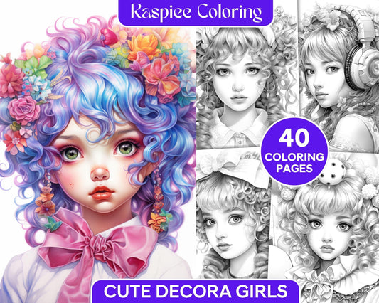 40 Cute Decora Girls Grayscale Coloring Pages Printable for Adults Kids, PDF File Instant Download