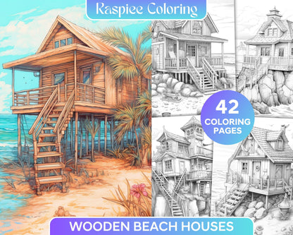 42 Wooden Beach Houses Grayscale Coloring Pages Printable for Adults, PDF File Instant Download