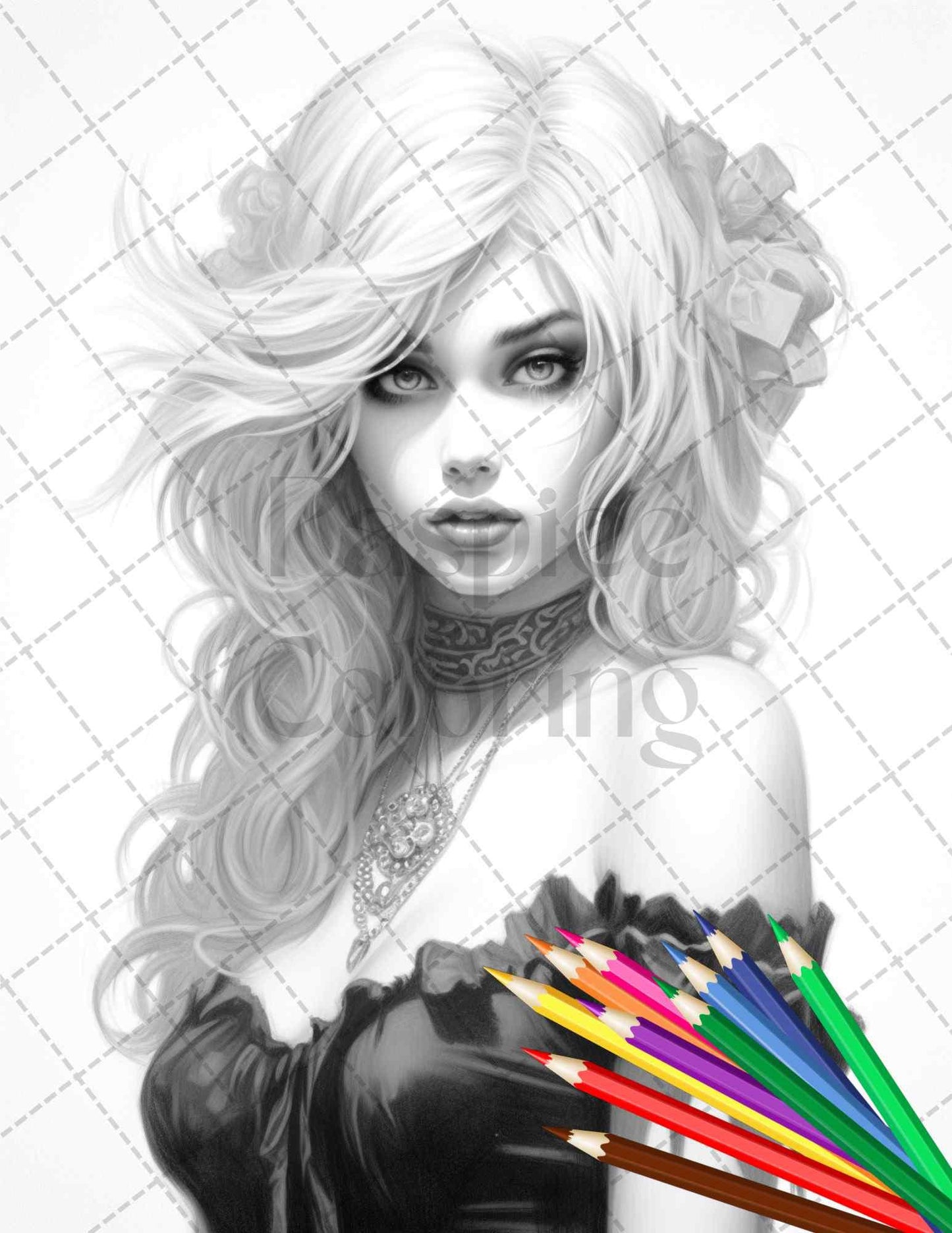 40 Beautiful Gothic Girls Grayscale Coloring Pages Printable for Adults, PDF File Instant Download