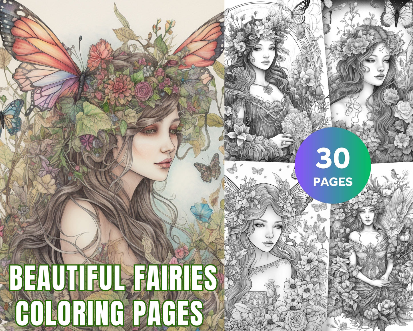 30 Beautiful Fairies Coloring Page Book for Adults, Flower Fairy Grayscale Coloring Book, Fairy Coloring Sheets, Printable PDF File Download