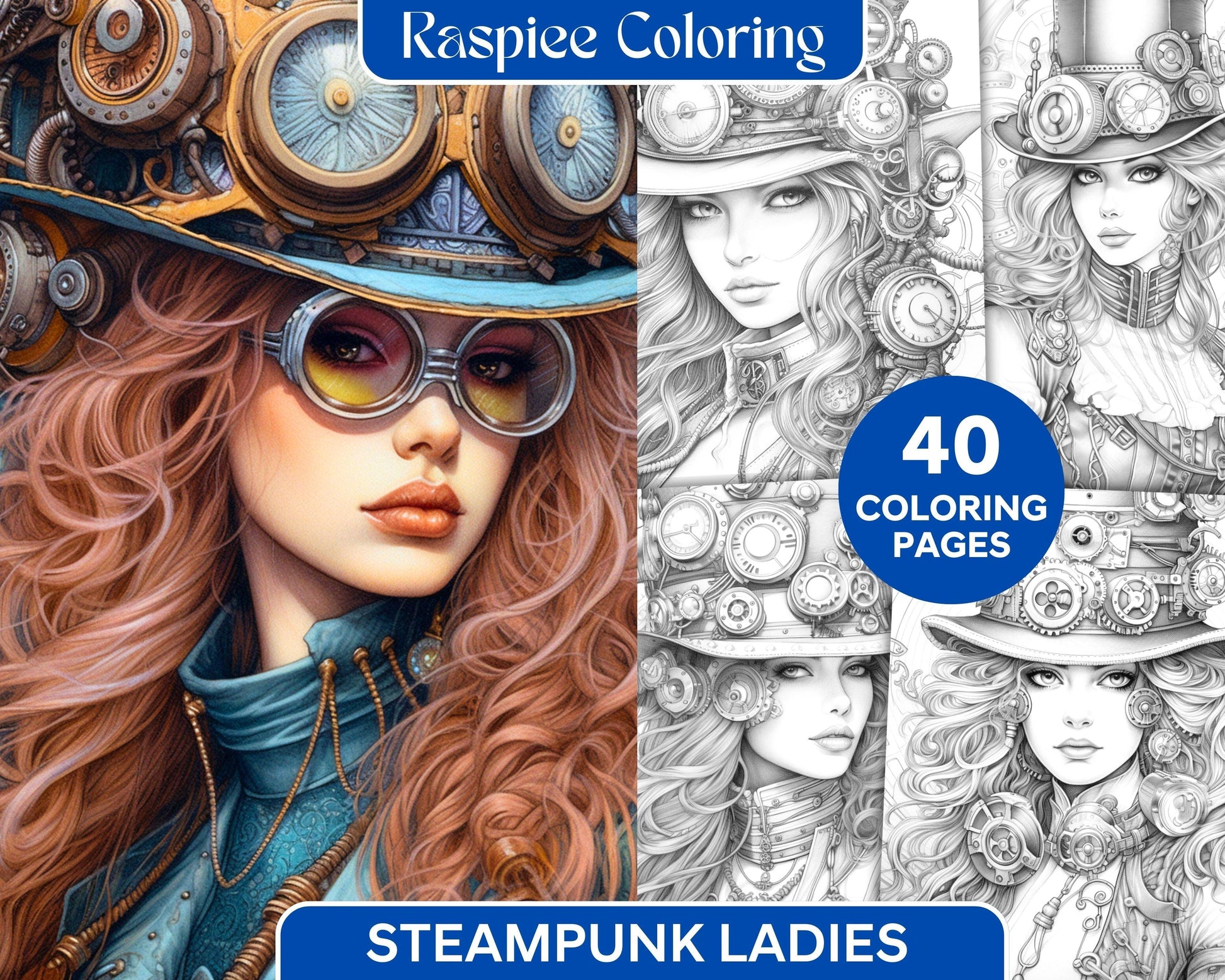 40 Steampunk Ladies Grayscale Coloring Pages Printable for Adults, PDF File Instant Download