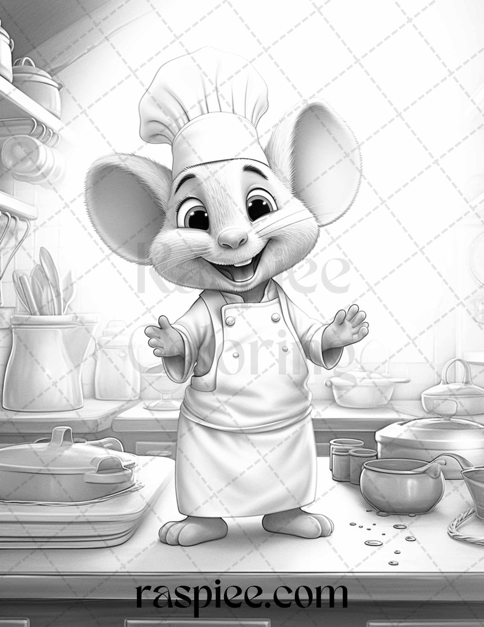 45 Mouse Chef Grayscale Coloring Pages Printable for Adults, PDF File Instant Download