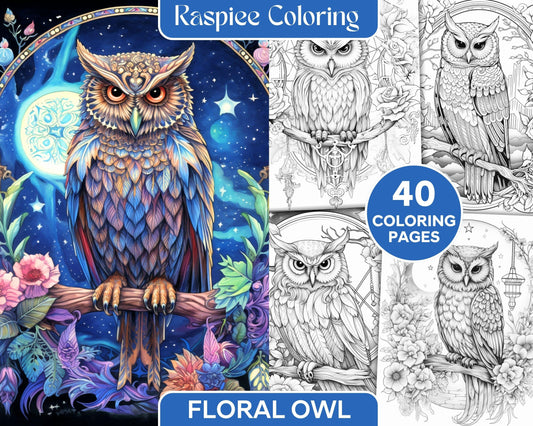 40 Floral Owl Grayscale Printable Coloring Pages for Adults, PDF File Instant Download