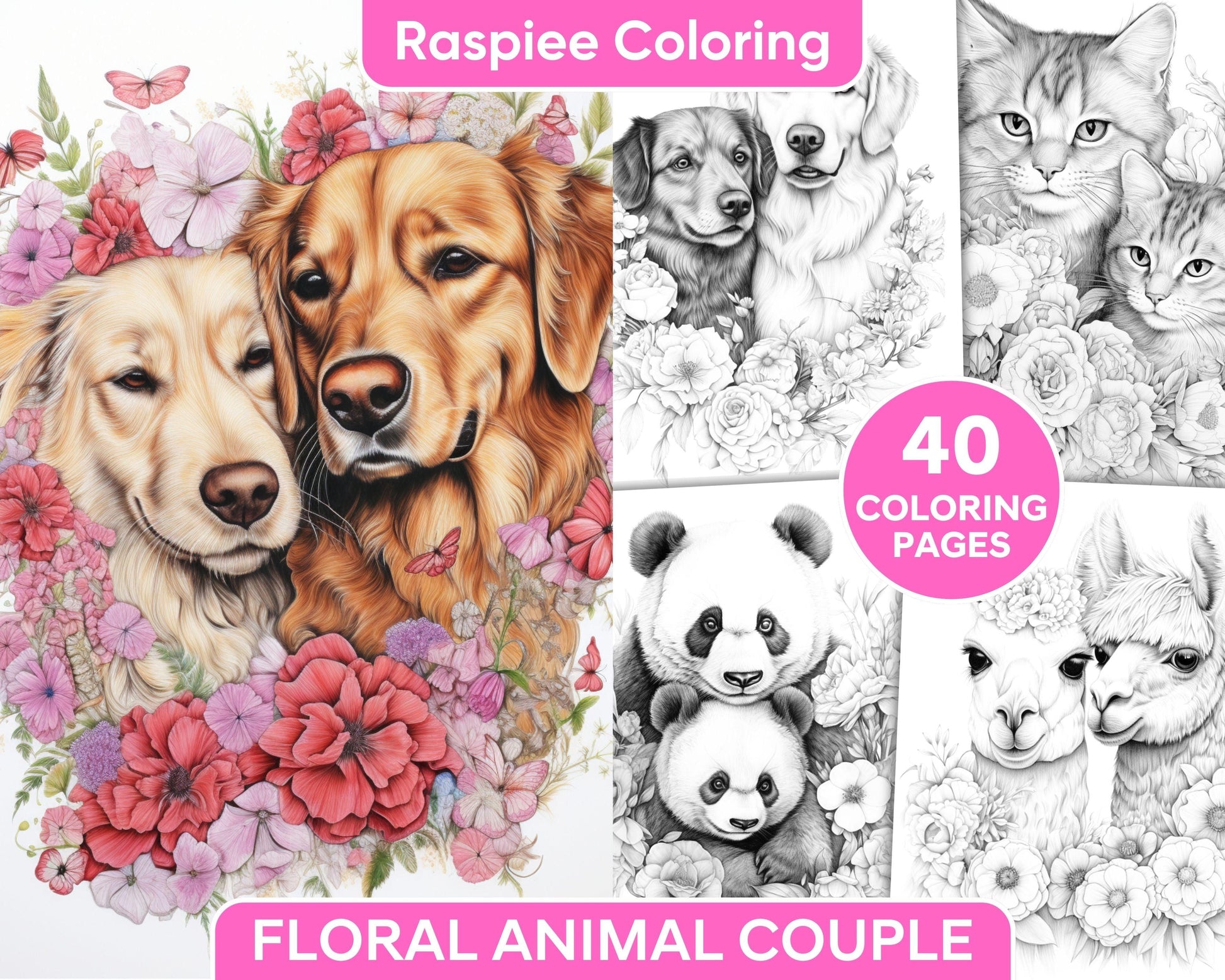 40 Floral Animal Couple Grayscale Coloring Pages for Adults, Printable PDF Instant Download