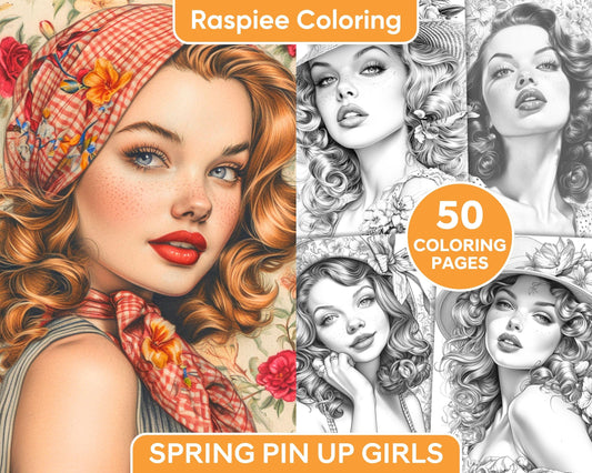 50 Vintage Spring Pin Up Girls Grayscale Adult Coloring Pages, Printable PDF Instant Download