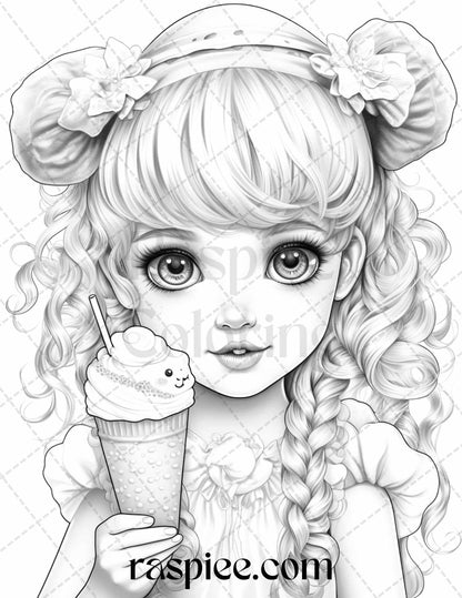 42 Adorable Girls with Ice Cream Grayscale Coloring Pages Printable for Adults Kids, PDF File Instant Download