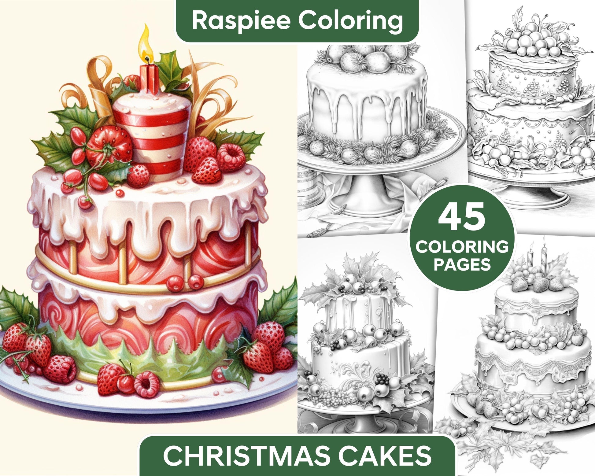 45 Christmas Cakes Grayscale Coloring Pages for Adults, Printable PDF File Instant Download