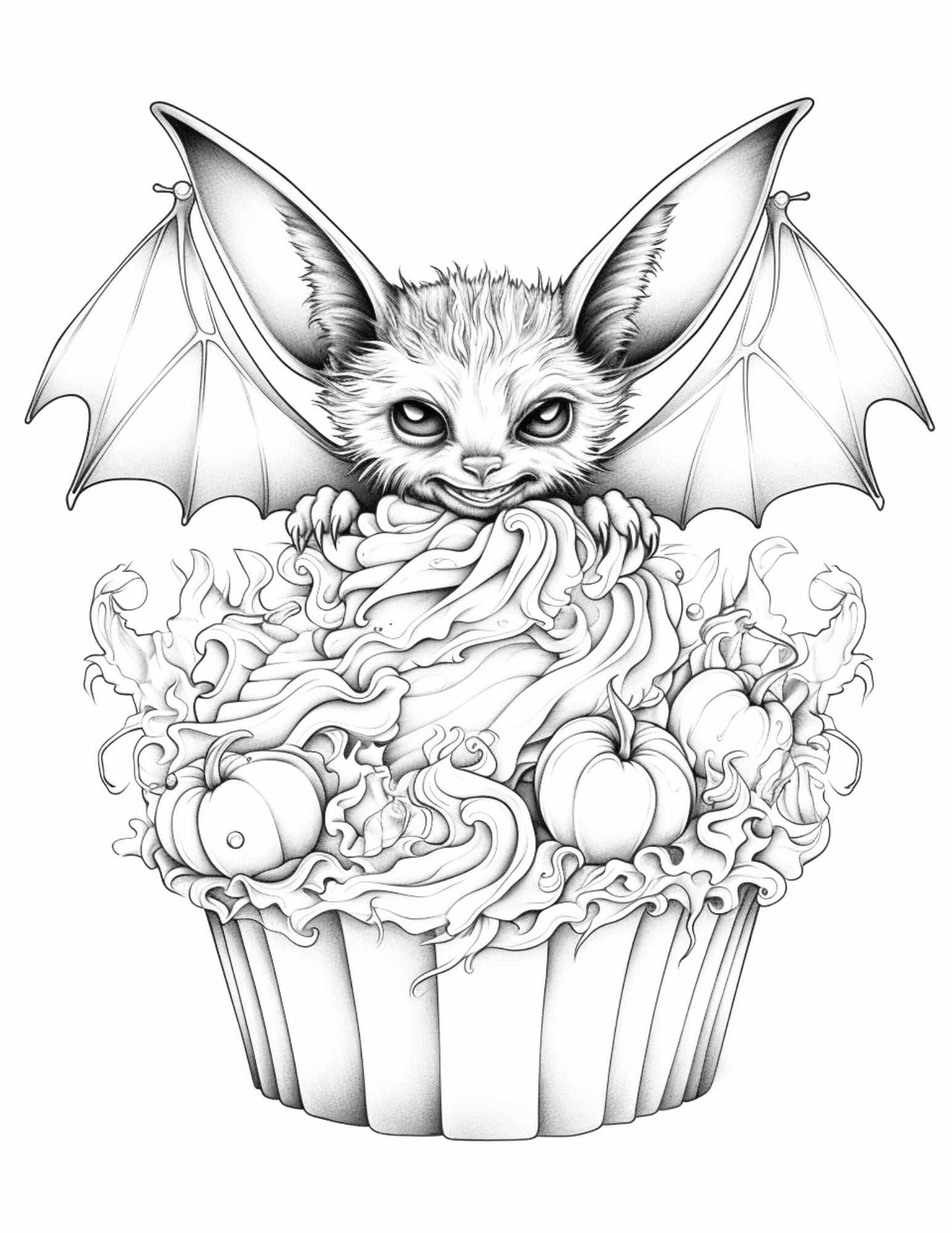 Free Halloween Spooky Cupcakes Grayscale Coloring Pages Printable for Adults Kids, PDF File Instant Download