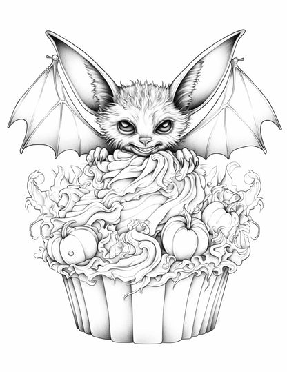 Free Halloween Spooky Cupcakes Grayscale Coloring Pages Printable for Adults Kids, PDF File Instant Download