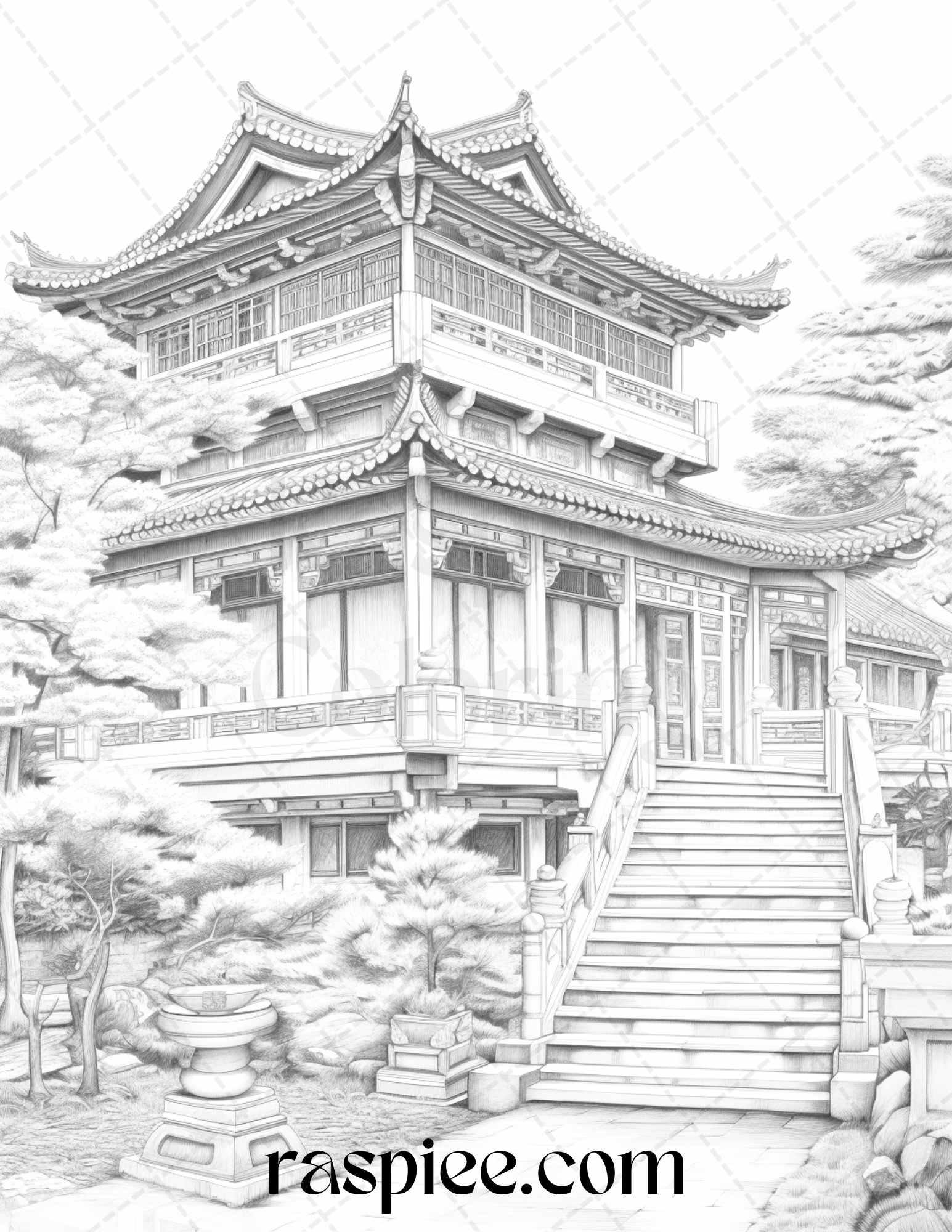 40 Traditional Chinese Houses Grayscale Coloring Pages Printable for Adults, PDF File Instant Download