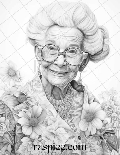 40 Fashionista Grandma Grayscale Coloring Pages Printable for Adults, PDF File Instant Download