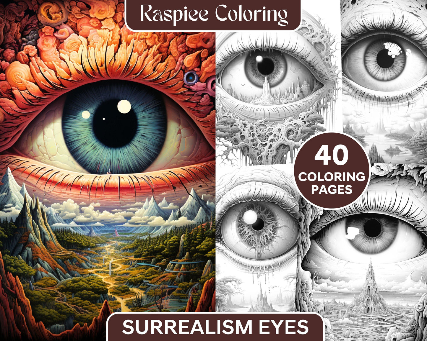 40 Surrealism Eyes Grayscale Coloring Pages Printable for Adults, PDF File Instant Download