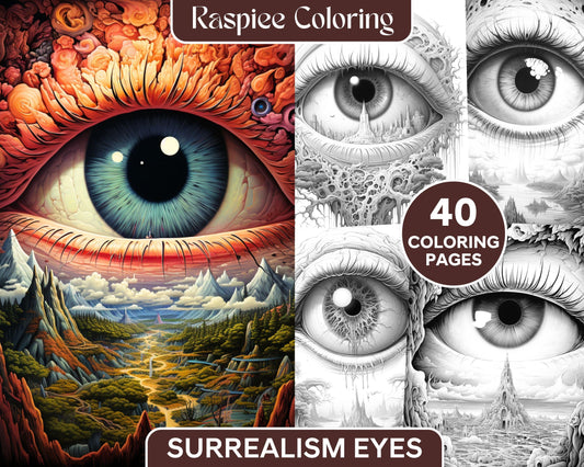 40 Surrealism Eyes Grayscale Coloring Pages Printable for Adults, PDF File Instant Download