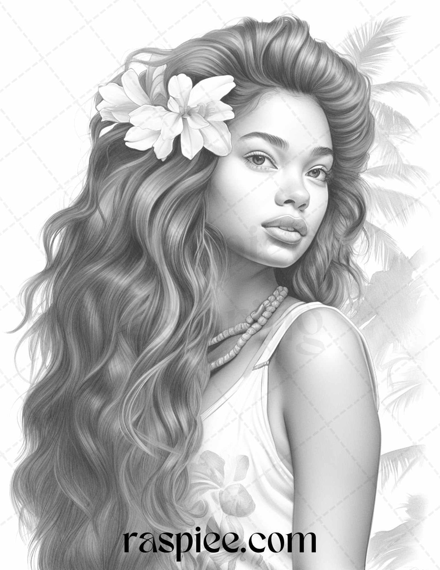 40 Hawaiian Girls Grayscale Coloring Pages Printable for Adults, PDF File Instant Download