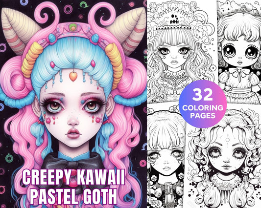 32 Creepy Kawaii Pastel Goth Coloring Pages Printable for Adults, Grayscale Coloring Page, PDF File Instant Download