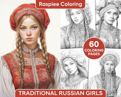 60 Traditional Russian Girls Grayscale Adult Coloring Pages, Printable PDF Instant Download