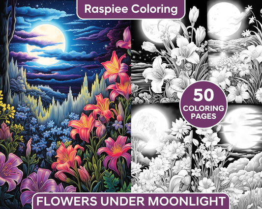 50 Flowers Under Moonlight Grayscale Coloring Pages for Adults, Printable PDF Instant Download