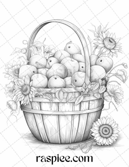 40 Fruit Basket Grayscale Coloring Pages Printable for Adults, PDF File Instant Download