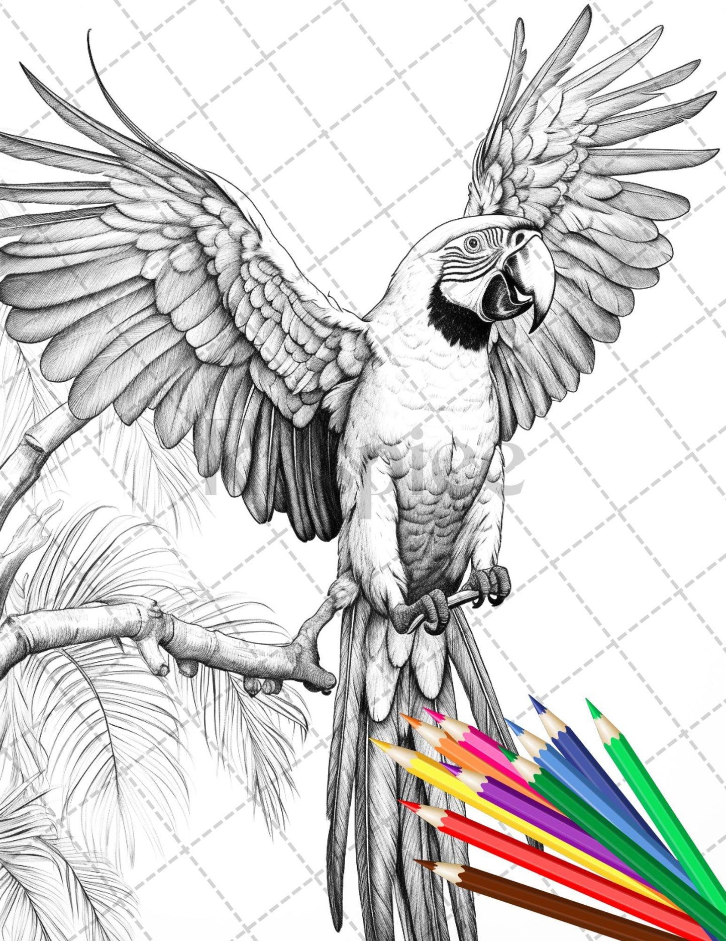 31 Tropical Birds Coloring Book for Adults, Grayscale Coloring Page, Printable PDF Instant Download